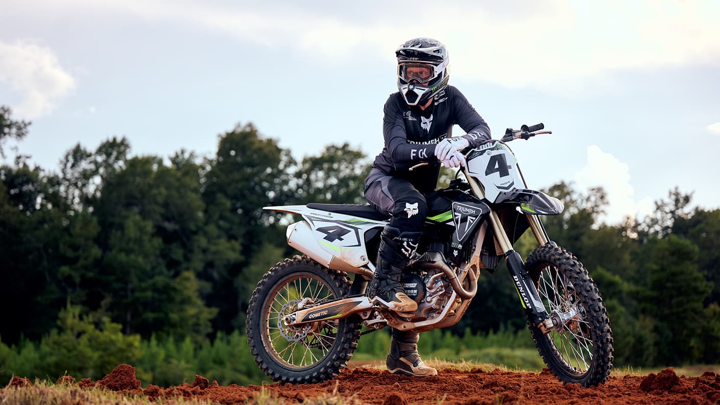 Ricky Carmichael sat on a Triumph TF 450-RC 