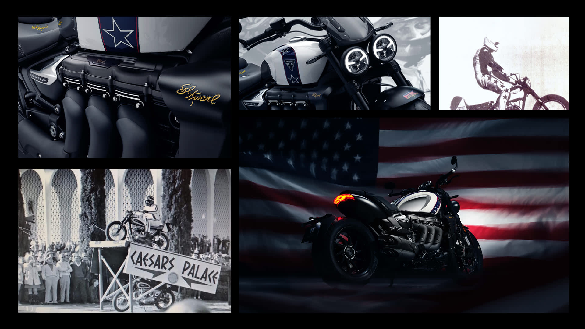 A montage of Triumph Rocket 3 Evel Knievel bike images and historic Evel Knievel images)