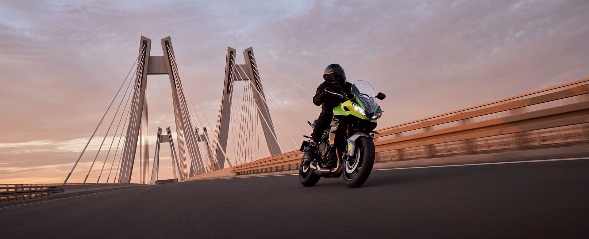 Tiger Sport 660 in Roulette Green riding across a suspension bridge