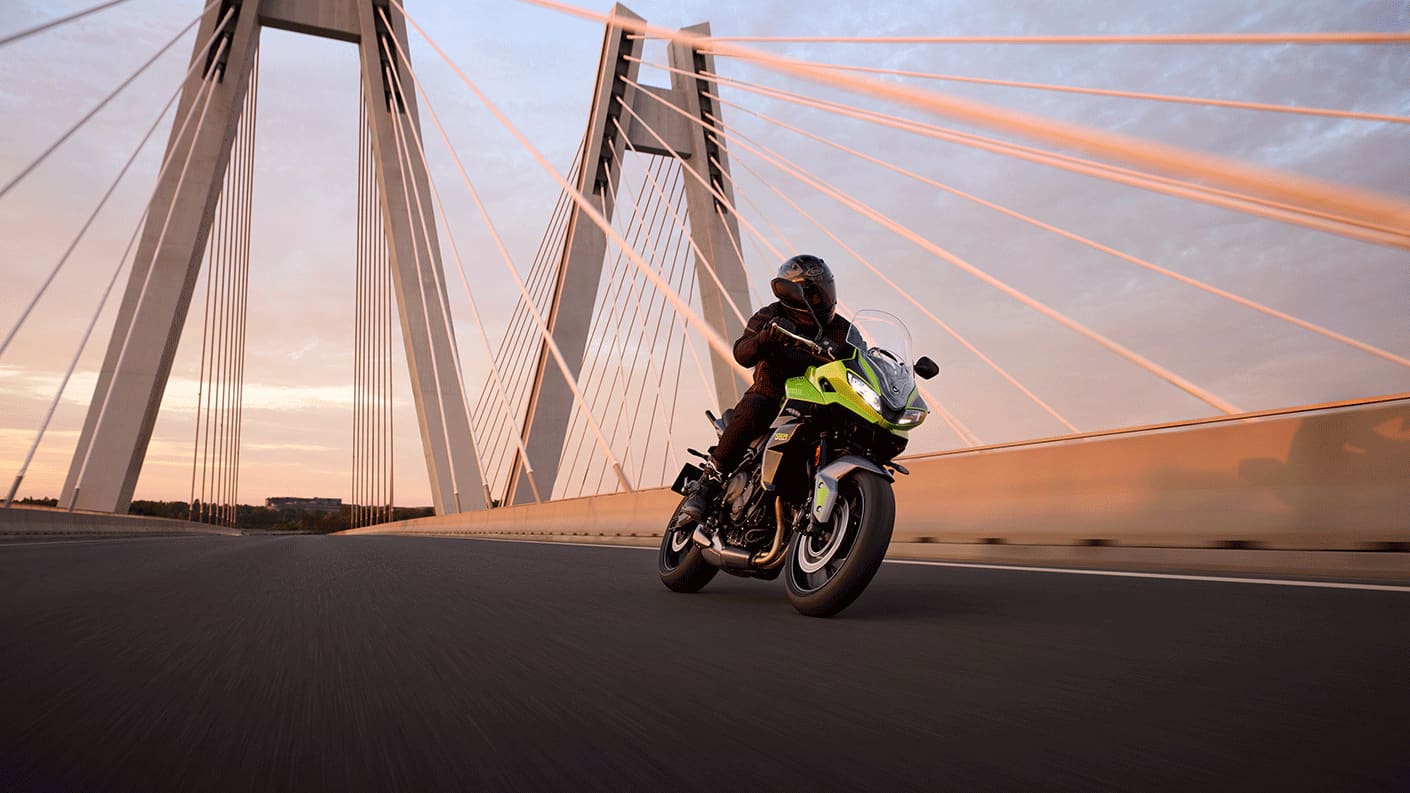 Tiger Sport 660 in Roulette Green on suspension bridge