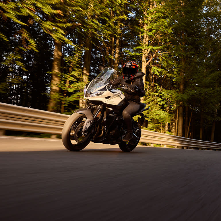 Tiger Sport 660 riding down a forest lined road